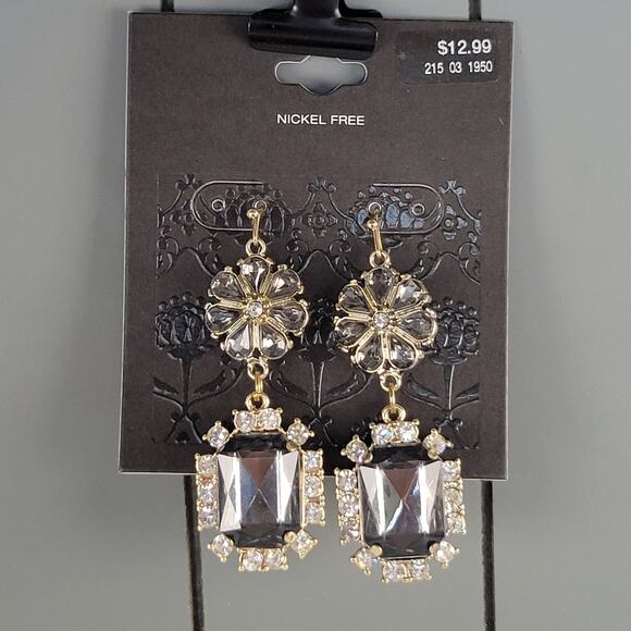 Gold Tone Dangle Earrings Gray Faceted Gem Crystal Border Drop 2.2" Nickel Free - Picture 3 of 11